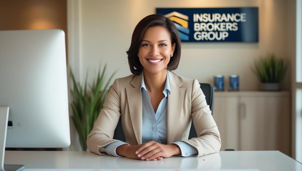 Smiling insurance broker at desk