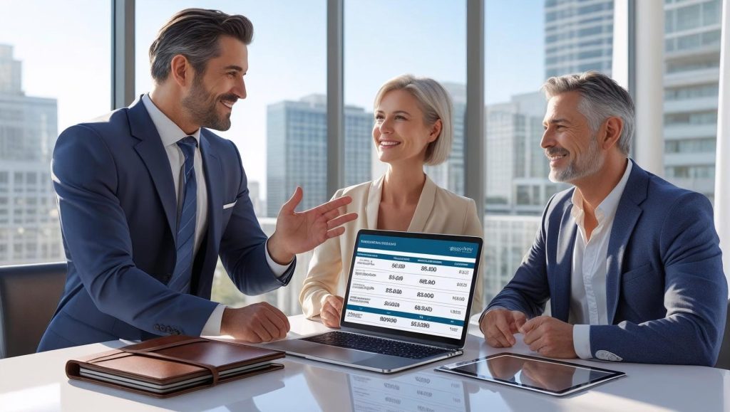 Trusted Insurance Broker Comparing Multiple Policies Modern insurance broker comparing quotes for clients in a professional office