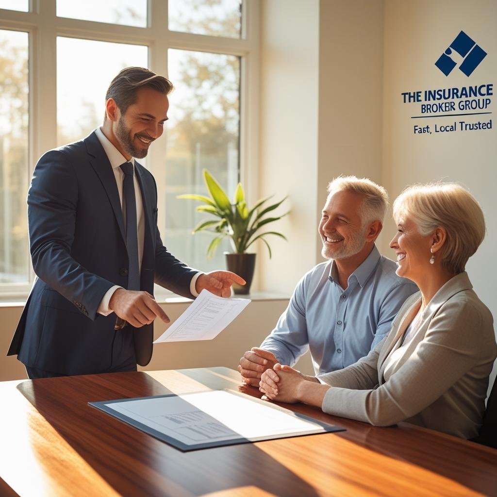 Friendly insurance agent meeting with clients at Insurance Brokers Group office