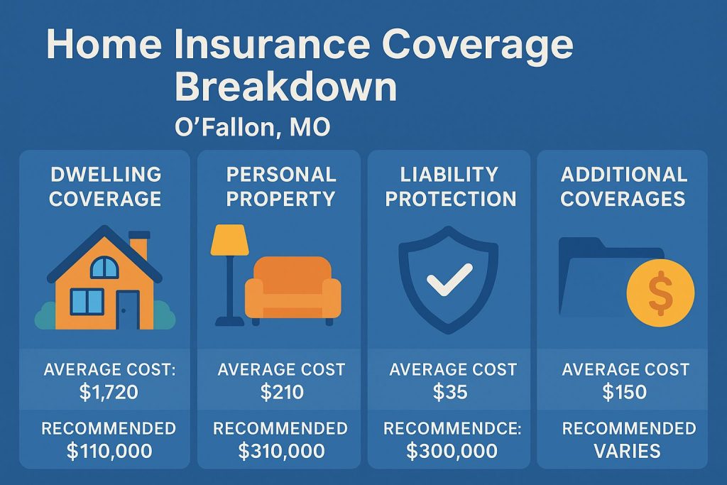 Infographic showing average home insurance coverage costs in O’Fallon, Missouri, including dwelling, personal property, liability, and additional coverages.